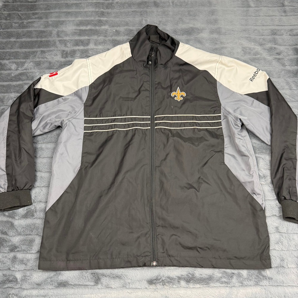 Reebok NFL New Orleans Saints Windbreaker Jacket Mens Large Black Gray White Zip